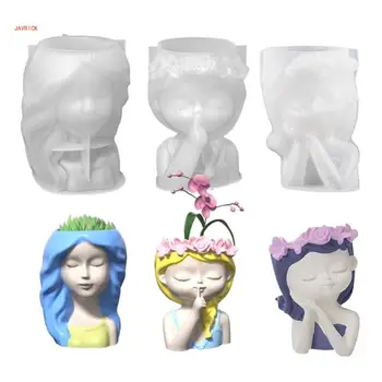 N1HE DIY 귀여운 소녀 꽃 냄비 실리콘 몰드 펜 홀더 에폭시 수지 몰드 즙이 많은 재배자 DIY 공예를위한 도구 만들기