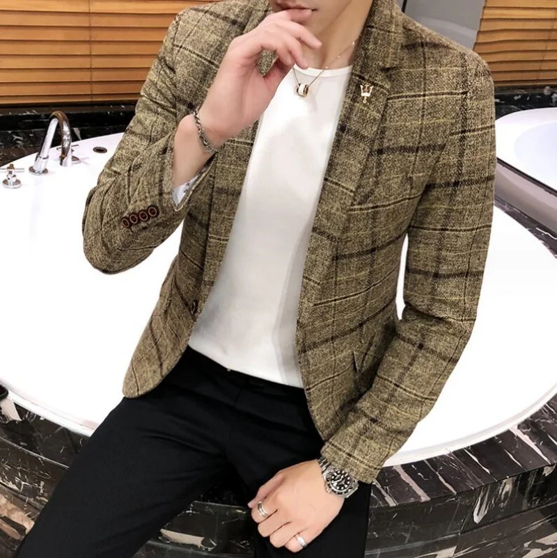 

Мужской Клетчатый костюм, Весенняя новая льняная приталенная куртка, Модный деловой повседневный жакет на одной пуговице, большой женский костюм, куртка