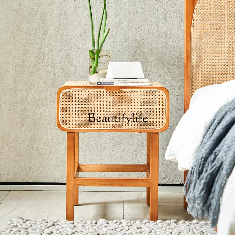 

Nordic Real Rattan Bedside Table Solid Wood Retro Storage Side Cabinet