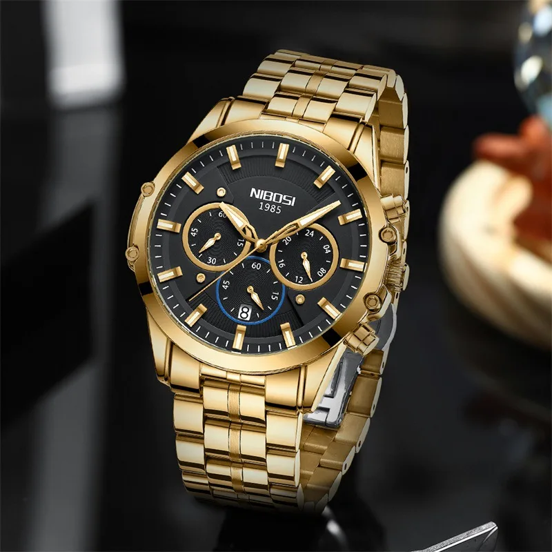 NIBOSI Brand New Sport Chronograph Quartz Watch for Men Stainless Steel Waterproof Luminous Mens Wristwatch Relogio Masculino