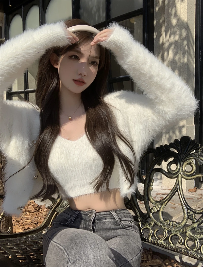 여성용 인조 밍크 헤어 2 피스 가디건 세트, 레이디 따뜻한 퍼지 긴팔, 느슨한 V넥 가디건 + 크롭 카미스, 가을 겨울