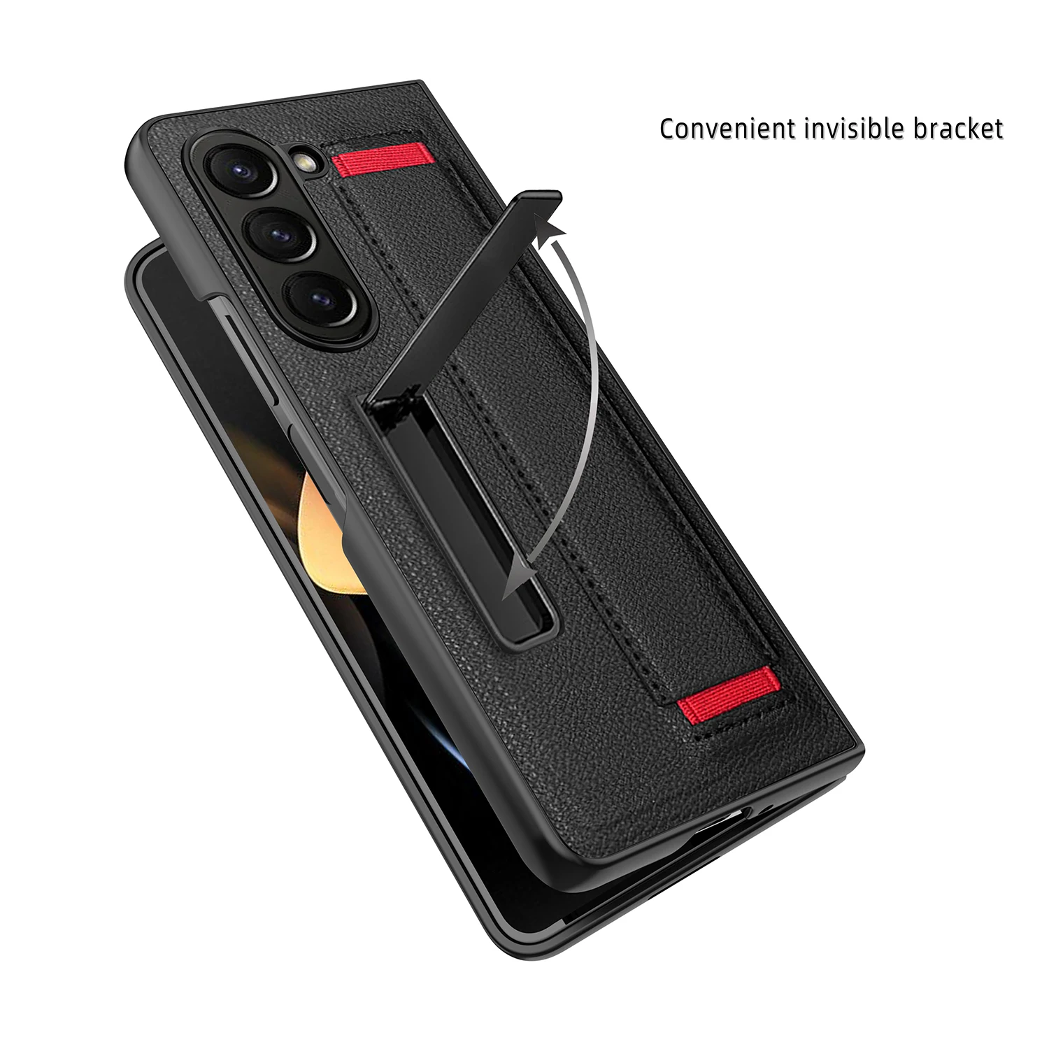 For Samsung Galaxy Z Fold 5 Case With Shell Film Wrist Strap Bracket Lychee Pattern Leather Folding Shockproof Cover Accessories