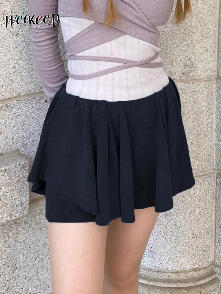 

Weekeep Chic Low Rise Pleated Skirt with Shorts Harajuku Solid Loose Mini Skirts Korean Fashion Bottoms Womens Summer Knitwears