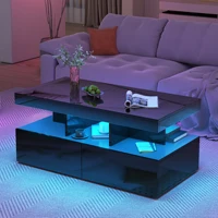 Table basse Fangange réglable en hauteur, table de salon brillante, table de canapé avec LED 16 couleurs, moderne et avec tiroirs, noir/blanc 3
