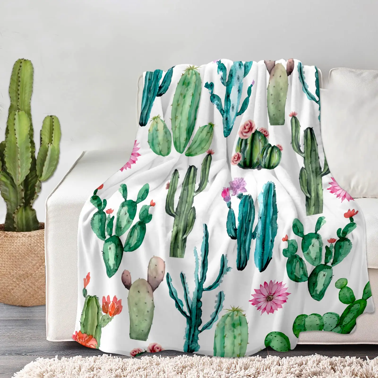 

Cactus Flower Blanket Soft Warm Lightweight Print Throw Blanket for Couch Sofa Bed Chair for Travelling Teens Adult Women Gift