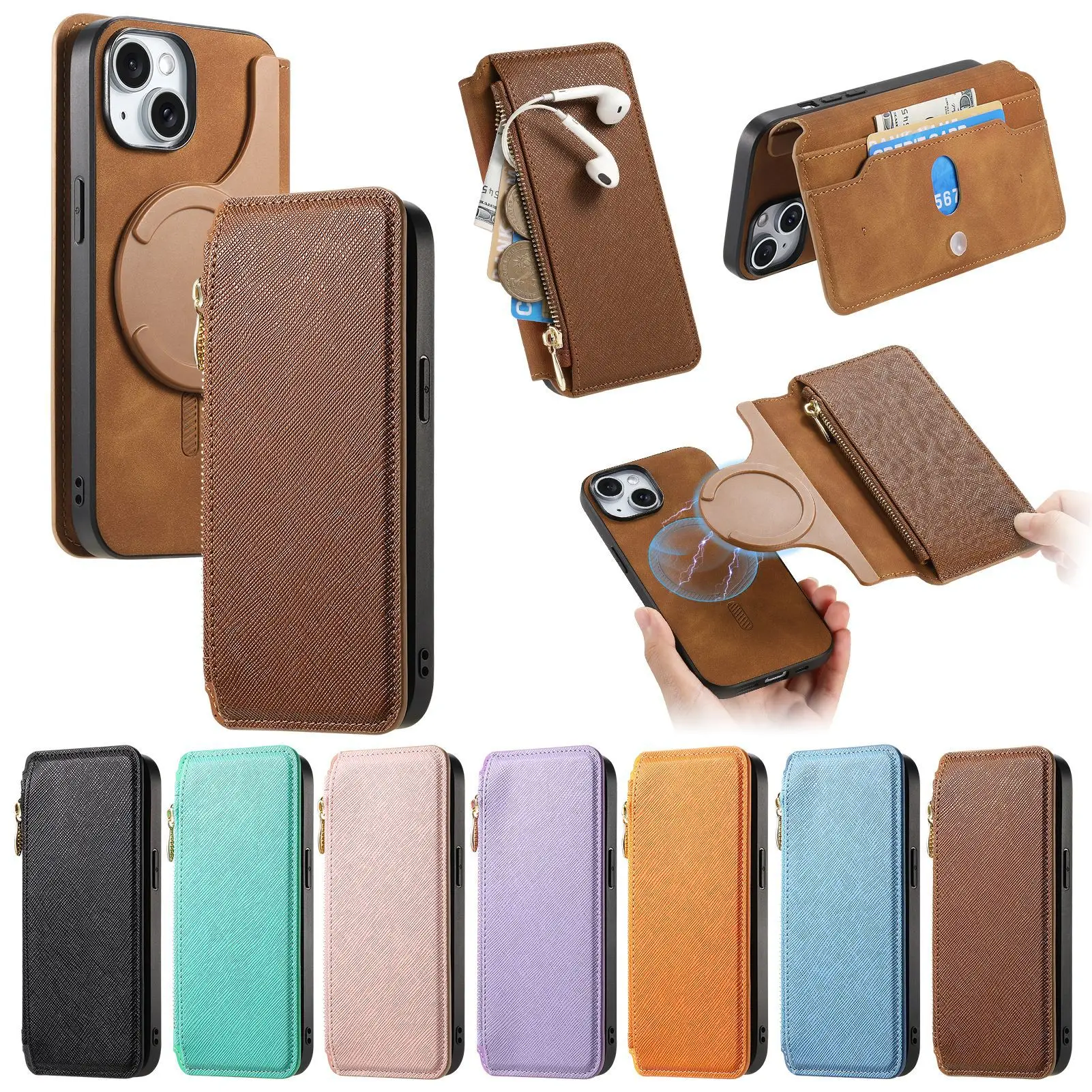 Leather Zipper Wallet Case with MagSafe and Credit Card Slot