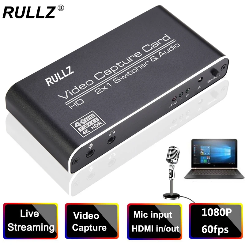 

1080P 60FPS HDMI видеозахват USB 3,0 пластина для записи для игр прямой трансляции 3,5 мм Mic вход аудио 4K HDR Loop 2x1 HDMI переключатель