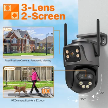 9MP 5K HD WiFi IP Camera Outdoor 8x Zoom Three Lens Dual Screen PTZ Camera Auto Tracking Home Security CCTV Surveillance 4MP Cam