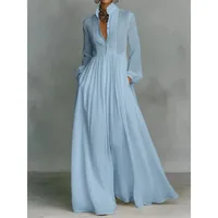 Elegant Stand Collar Long Sleeve Party Dress, Women 2026 New Spring Solid Casual Dresses, Single Breasted Ladies Pocket Dresses
