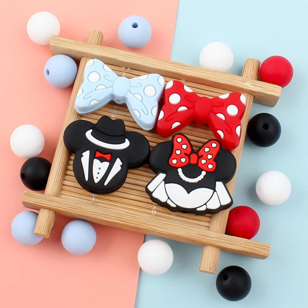 Silicone Teething Beads 40Pcs/Set Silicone Beads Baby Teething Beads Set Bowknot Mouse Hexagonal Shape DIY Pacifier Chain Necklace Accessories