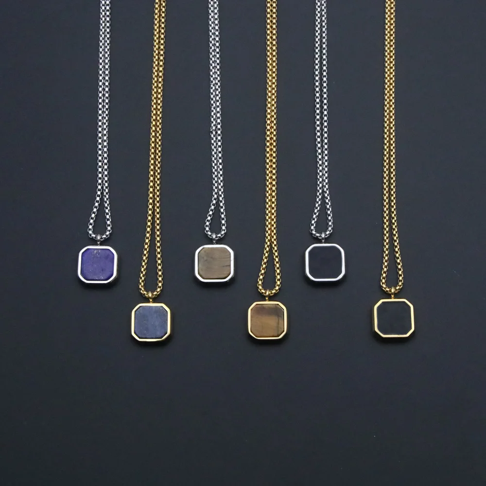 

New Geometric Square Necklaces For Men Black Natural Stone Square Pendants Necklace Punk Stainless Steel Jewelry Boy Male Gift