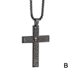 Men's Religious Steel Cross Pendant Necklace - Christian Faith Jewelry (Black)