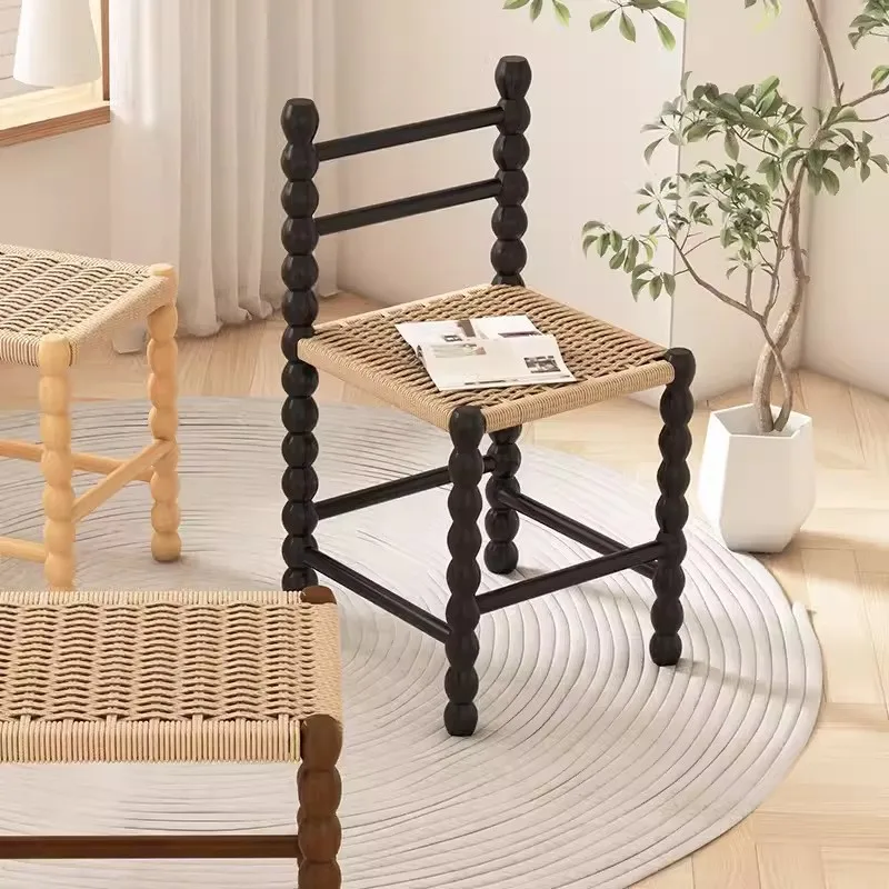Solid Wood Retro Dining Chair Rope Woven Backrest Designer's Creative Living Room Home Shoe Changing Stool Chairs For Kitchen