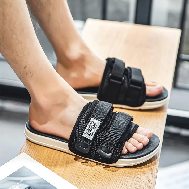 Men's Outdoor Slippers Thick-Soled Non-Slip Soft Bottom Hook Loop Sandals Comfort Summer Beach Flip Flops Home Casual Wear