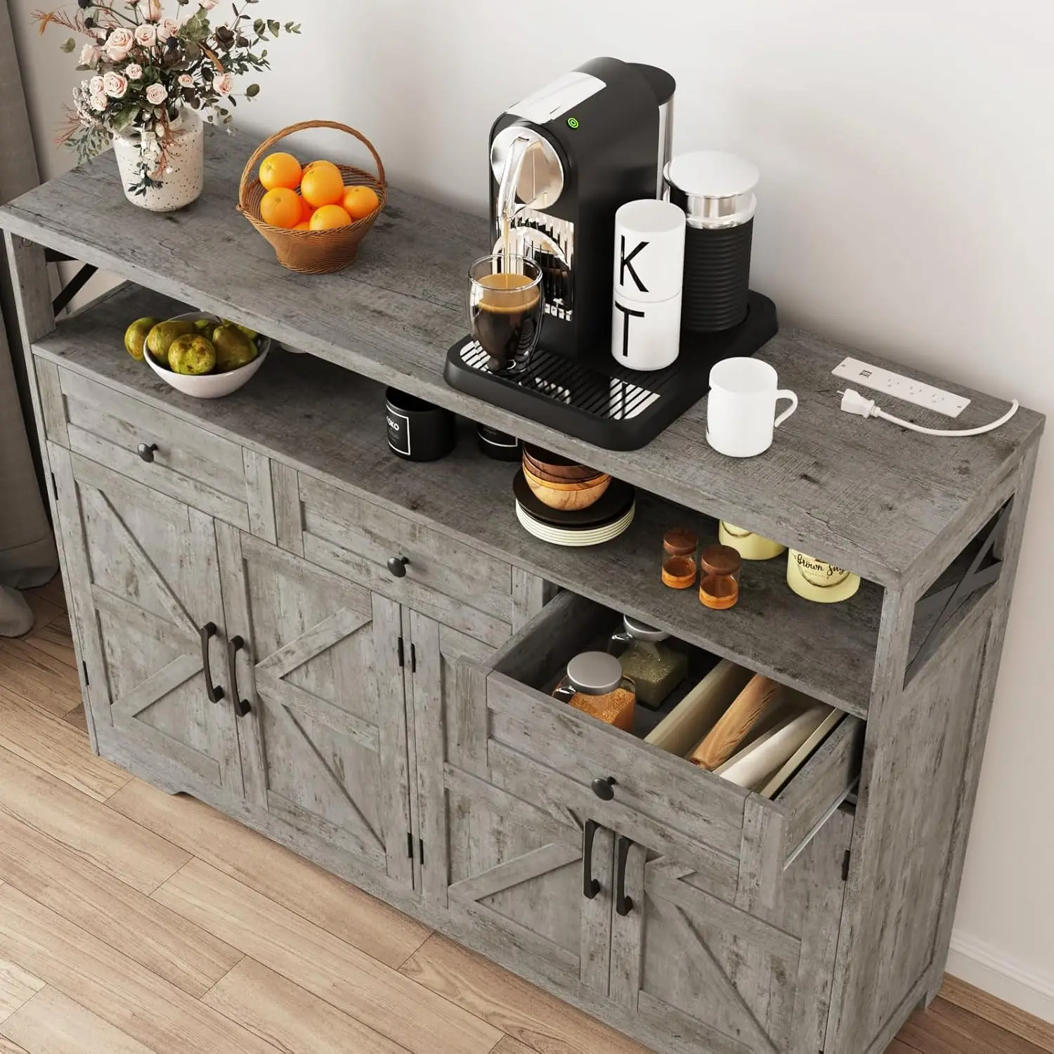 51" Farmhouse Buffet Sideboard Cabinet with Drawers and Barn Doors, Storage Cabinet with Shelf, Kitchen Pantry, Customized 3