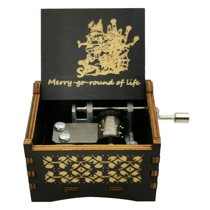 Howl's Wooden Music Box Moving Castle Laser Engraving Clockwork Type /Hand-operated Type Home Decoration Gift