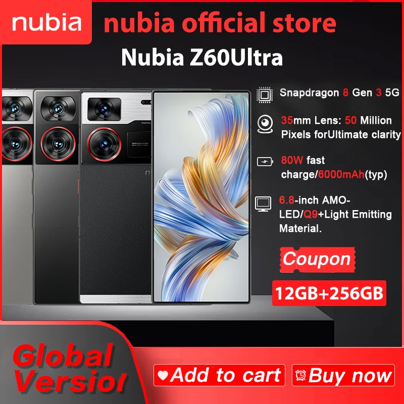 Nubia Z60 смартфон с 5,5-дюймовым дисплеем, процессором Snapdragon 8Gen, ОЗУ 12 Гб, ПЗУ 6,8 ГБ, 256 мАч, 80 Вт