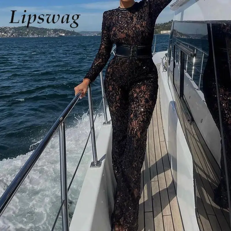 

Women's Elegant O-neck Shiny Sequin Party Jumpsuit Sexy Lace Hollow Out Slim Playsuit Romper Fashion Long Sleeve Tight Overalls