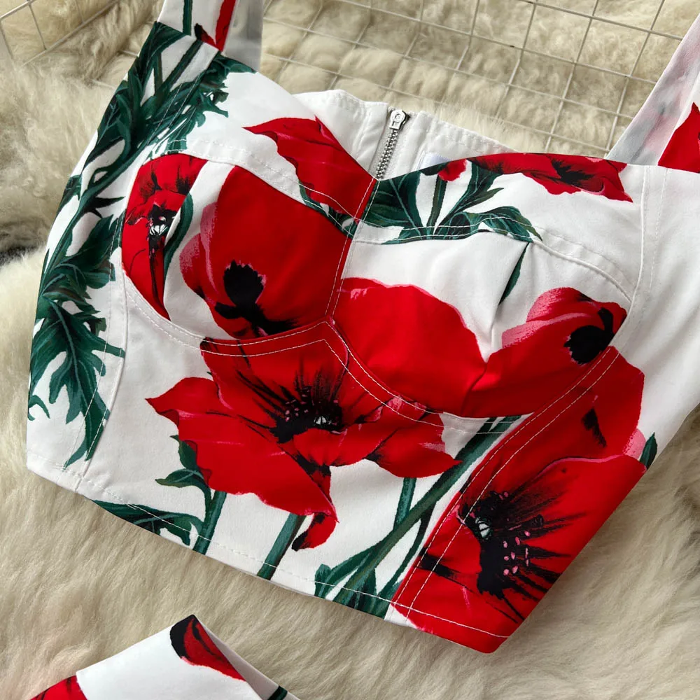 Runway Summer Maxi Skirt Top Suit Two Pieces Womens Outfits Fashion Floral Print Spaghetti Strap Holiday Beach Dress Set M530