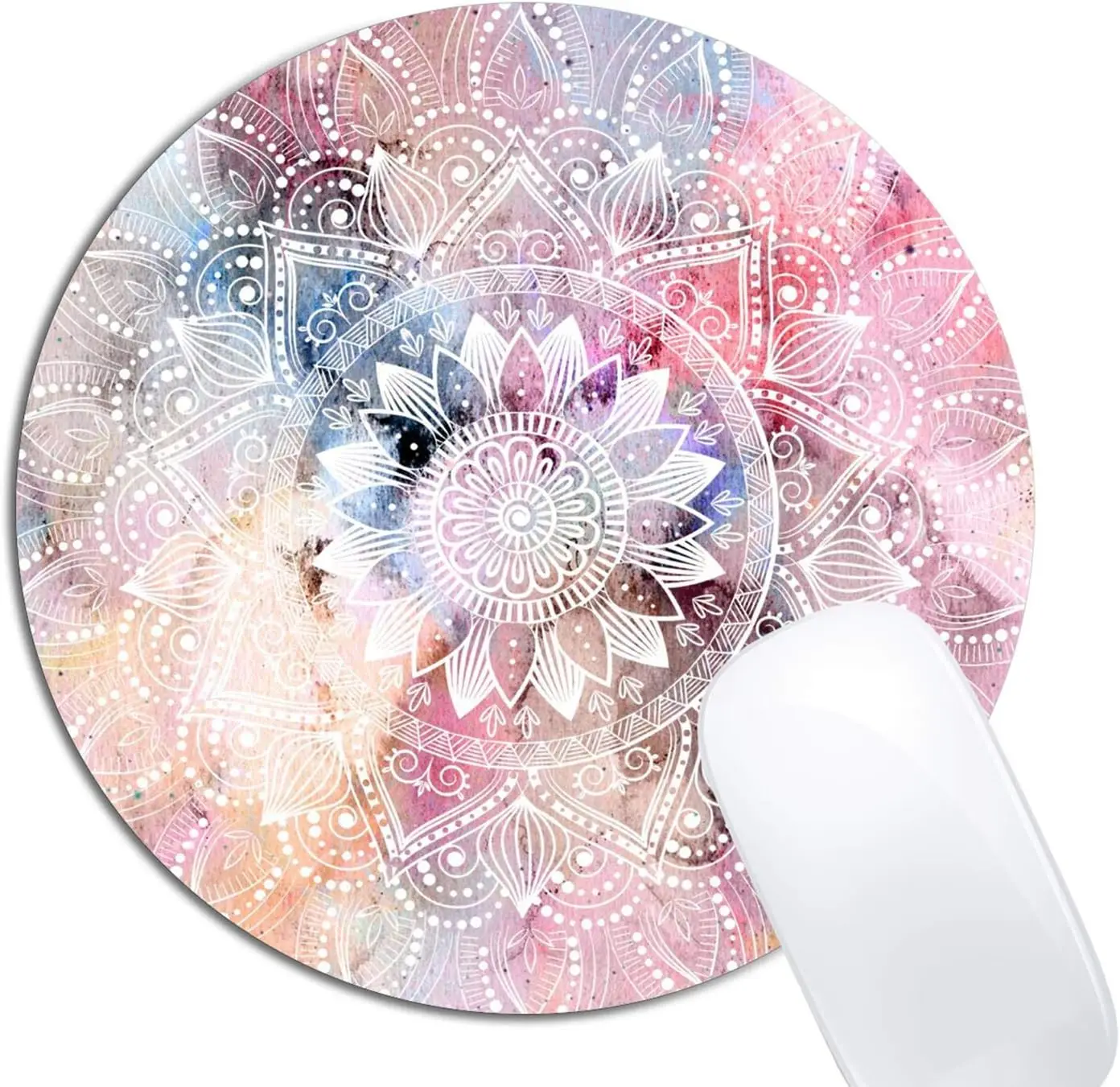 White Watercolor Mandala Mouse Pad Round Non-Slip Rubber Mousepad Laptop Office Computer Decor Cute Desk Accessories Mouse Pad