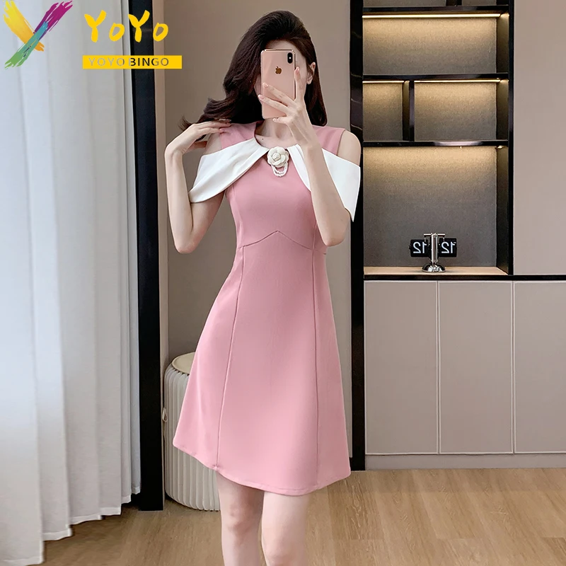 

Fashion Temperament Flower Decoration Ruffle Stitching Off-the-shoulder A-line Dress Summer Elegant Slim Bodycon Party Dress