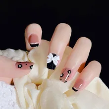 

Elegant Black Flower Fake Nails With 3D Bows Pearl Designs Full Cover Beauty Long Coffin Artificial Press On Nail False Nails