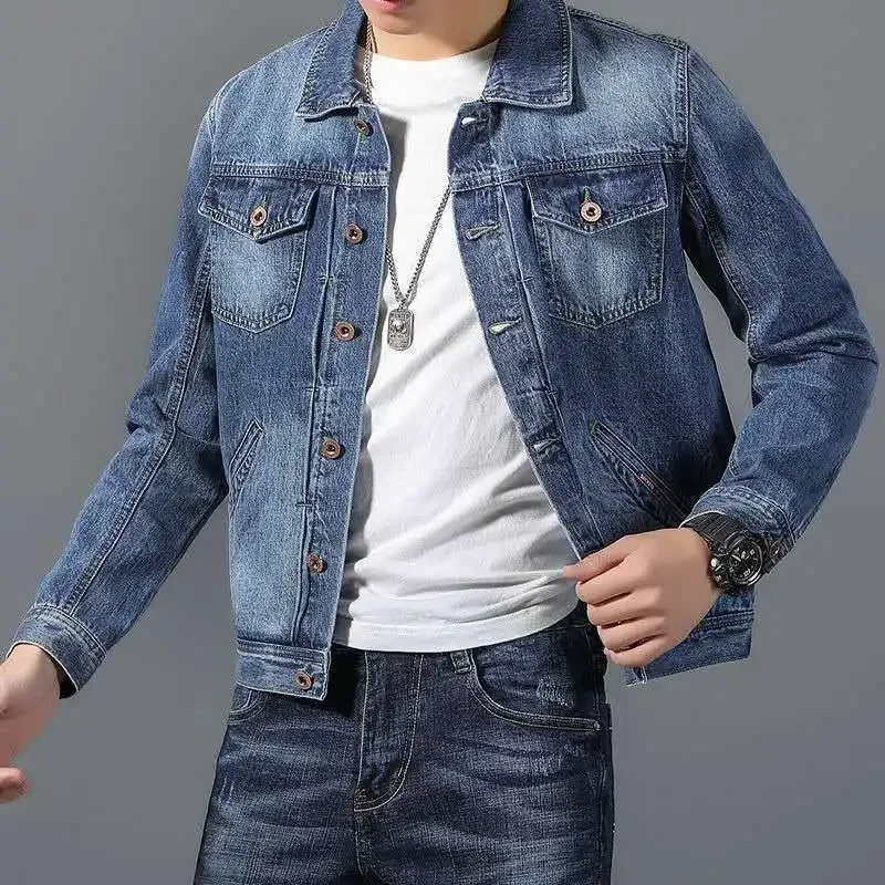 thumbnail image 1 of Chaquetas de mezclilla para hombre, abrigo de jeans de otoño para hombre, con botones, holgadas, de diseñador, lavadas a bordo, de Corea, al precio más bajo, talla grande, una pieza, LS, 1 of 4