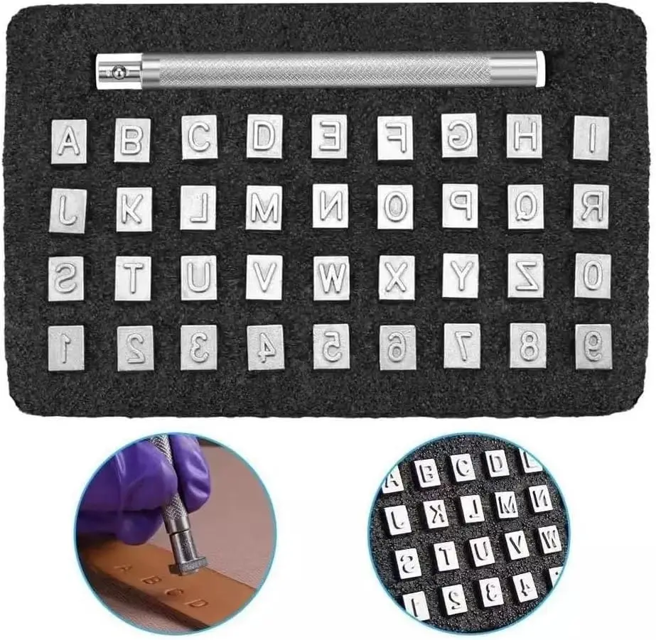 Leather Craft Stamping Tools 36pcs Leather Stamping Kit Alphabet Number Capital Letter Pattern Stamps for Clay DIY Leathercraft