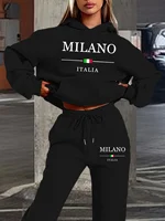 Women's autumn and winter fashion casual MILANO ITALIA printed and plush thick warm hooded sweatshirt+sports pants set - Image 5
