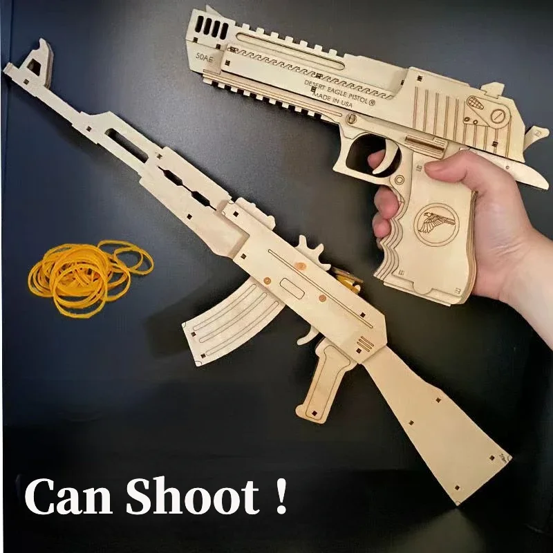 DIY AK47 Sand Eagle Rubber Band Guns Toys Wooden Mechanical Shooting Models Kits Assembly Build Block for Children Gifts