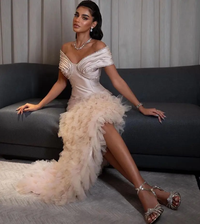 

Vintage Mermaid Off The Shoulder Prom Dresses Pleated Ruffles Tulle Beadings Ankle Length Formal Evening Party Dresses