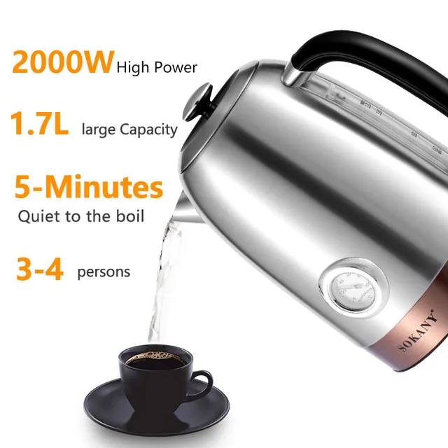 Stainless Steel Electric Kettle, 360° Swivel Base, Auto Shut Off, BPA-Free,  1.7 Liter, 1500W - AliExpress