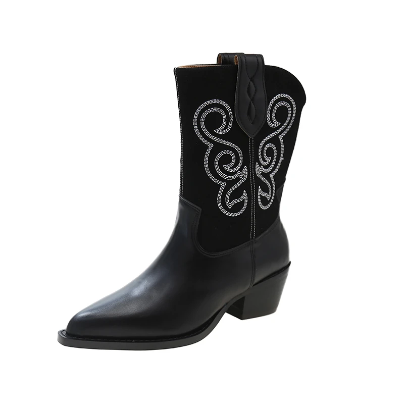 2023 High Quality Shoes for Women Pull on Mid Tube Women's Boots Mixed Colors Pointed Toe Chunky Heel Western Women's Boots