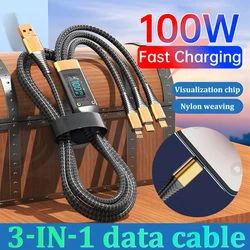 3 In1 100W Charging Cable PD Fast Charge Digital Display Data Cable For IOS Huawei Xiaomi Android Mobile Phone Micro USB TYPE-C