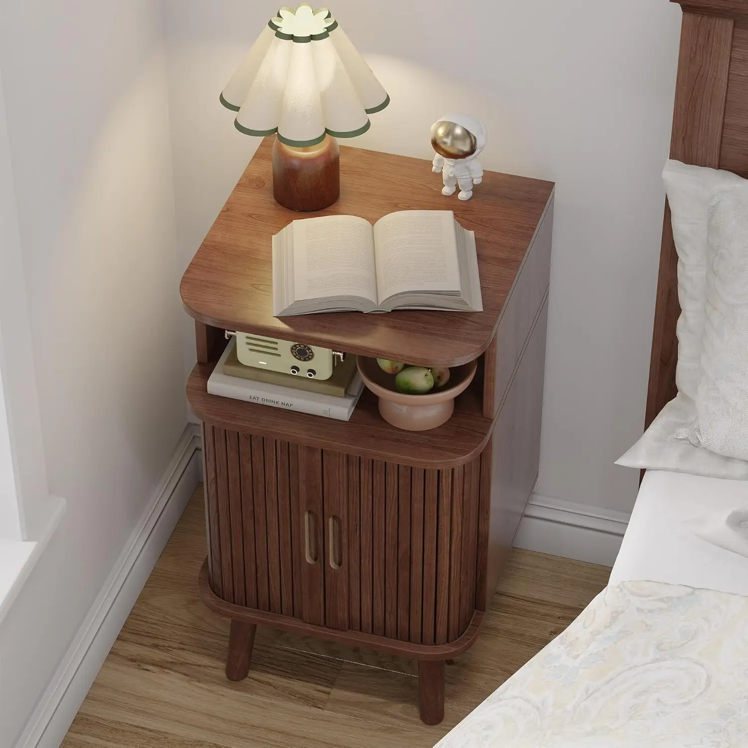 Mid Century Modern End Table with Sliding Tambour Door,Fluted Wood Nightstand, Curved Round Edge Side Table with Storage Cabinet