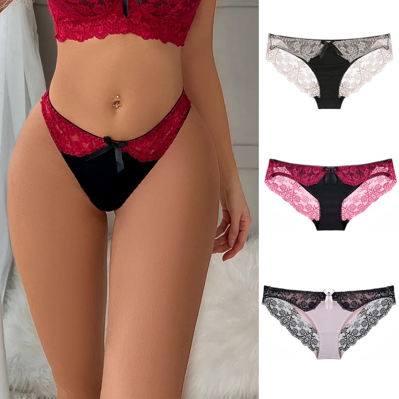 

Ice Silk Patchwork Lace Thongs For Women Hollow Out Transparent G-string Female Comfort Mid-waist Panties Cotton Crotch Panty