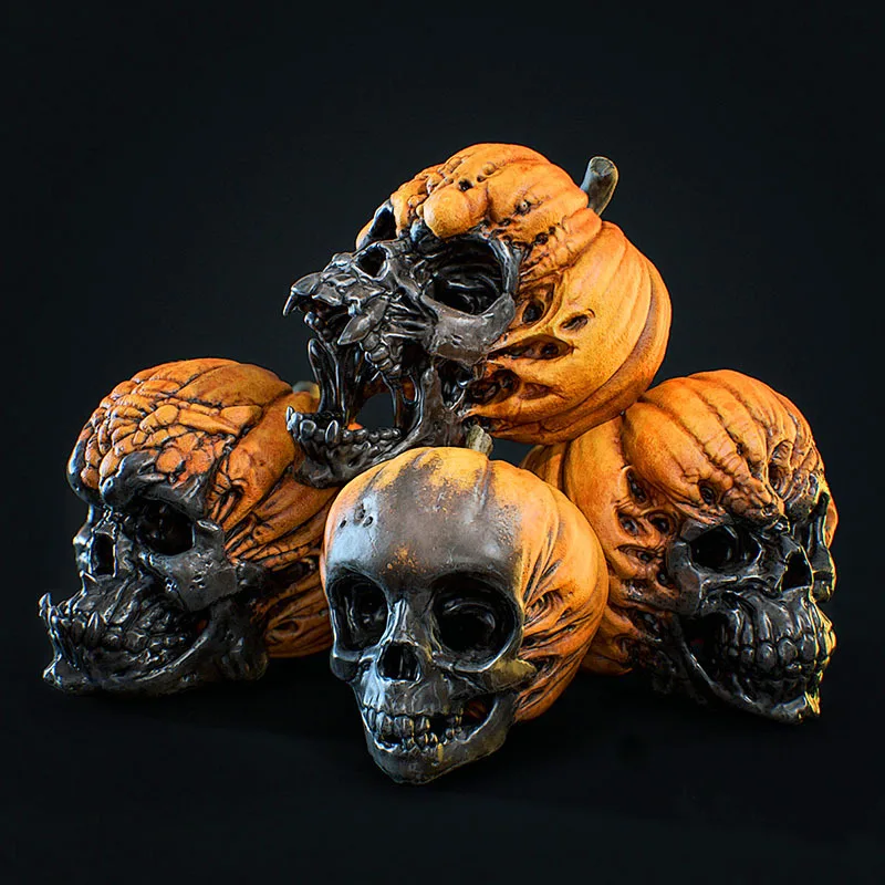 

New Pumpkin Skull Head Model Halloween Statues Artificial Resin Skull Bone Scary Horror Skeleton Party Bar Home Desk Decorations