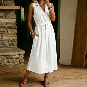 Summer Sleeveless Women Turn Down Collar Pocket Long Dress Women Button Party Dress White Office Lady Dress 1