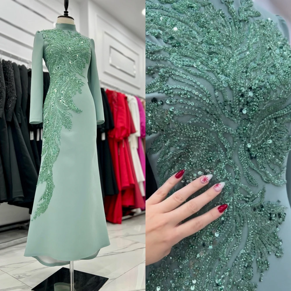 

Prom Dress Saudi Arabia Mesprit Fashion Simple High Collar A-line Evening es Paillette Satin Anke Length Custom
