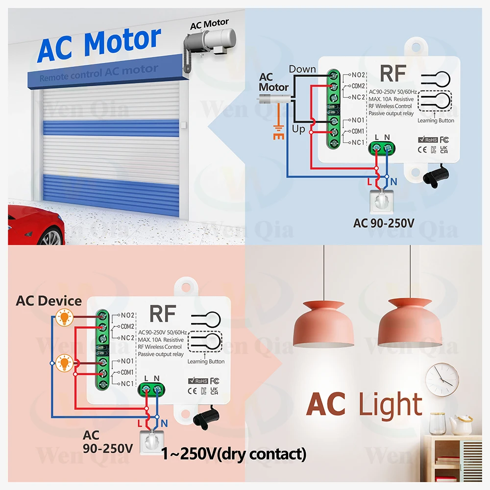 433MHz 범용 무선 원격 제어 스위치 2 채널, AC 110V 220V RF 릴레이 수신기, 조명/팬/모터/차고 문 오프너 등