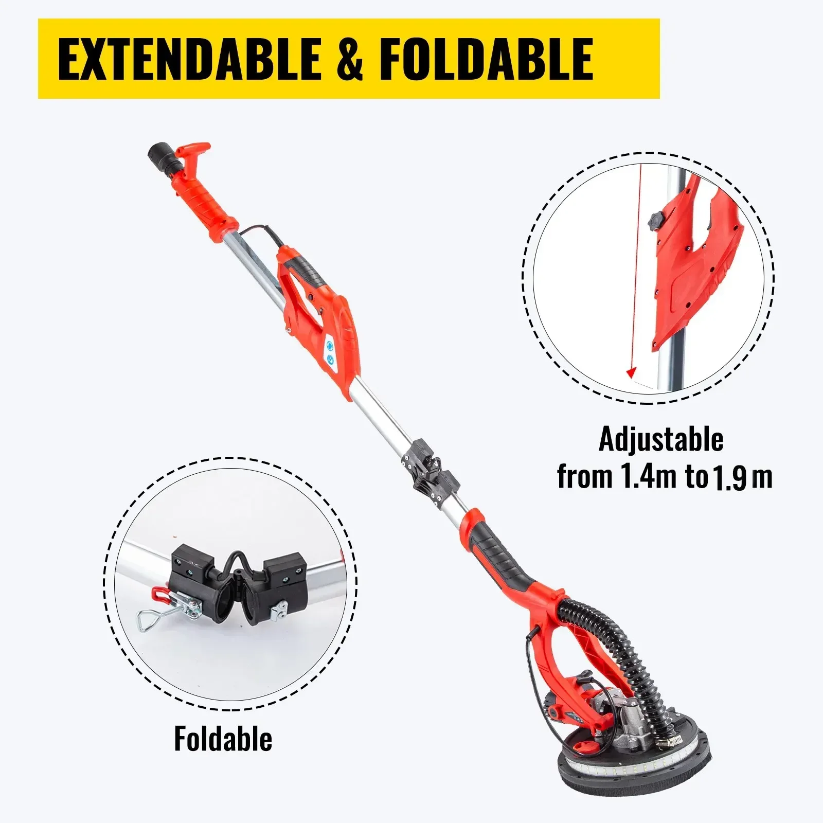 Electric Drywall Polishing Sander VEVOR 750W Polishing Machine Extendable With LED Strip Light Foldable
