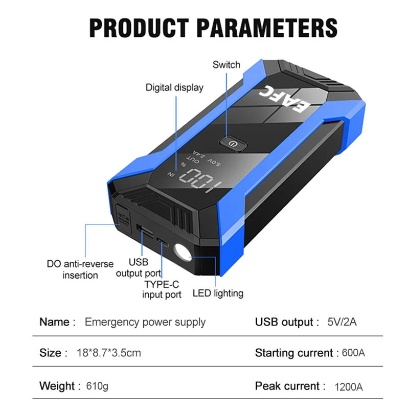 Car Jump Starter Portable Power Bank 2000A/1200A Car Battery Booster 12V Starting Device for Petrol Diesel 6.0L/4.0L