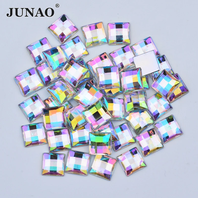 

JUNAO 8 10 12 14 16 mm Crystal AB Square Rhinestone Applique Flatback Glue On Acrylic Gems For DIY Decoration Accessories