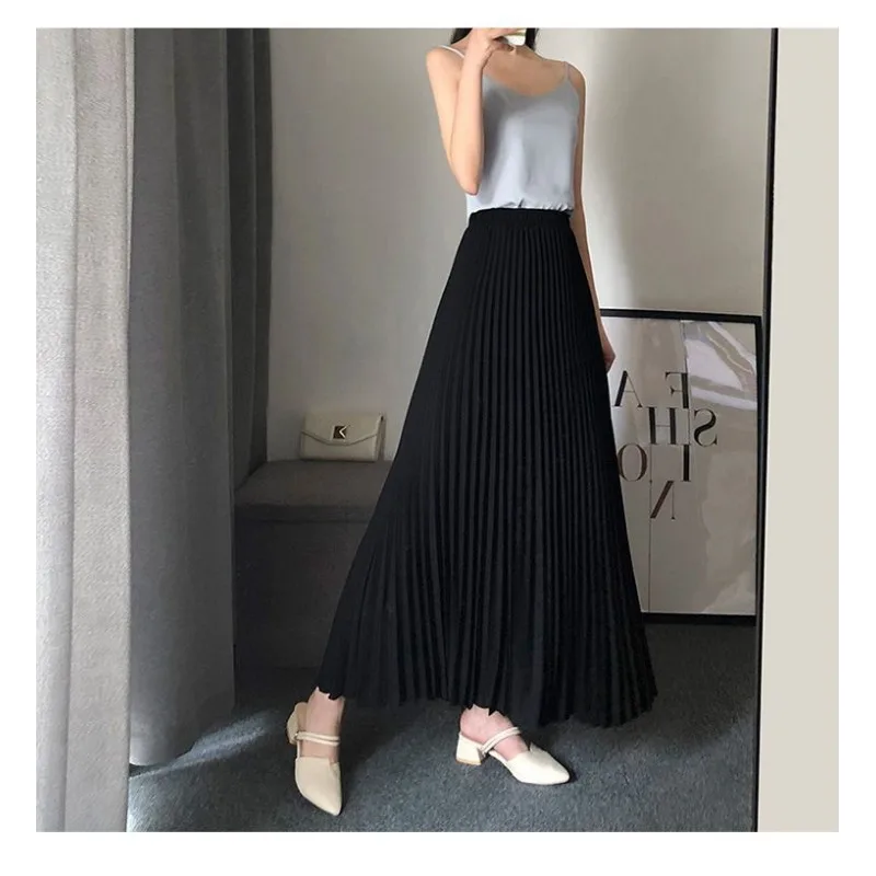 Women Long Pleated Skirts A-line Black Skirt Beach Dress High Waist Loose Vacation Design Solid Evening Dresses Women Clothing