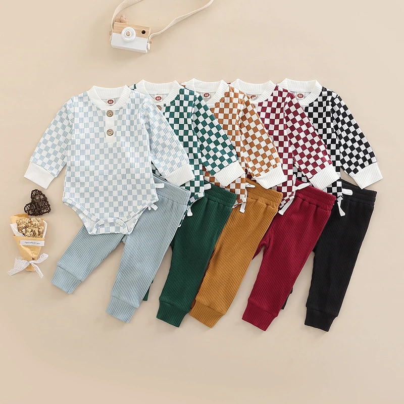 -07-02 Lioraitiin 0-24M Infant Baby Girl Boy Suit Set Checkerboard Print Long Sleeve Romper with Buttons Tie-Up Long Pant