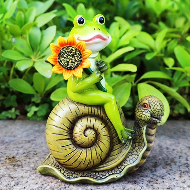 Statue d'escargot d'équitation de grenouille de bande dessinée, artisanat extérieur de résine d'animal, décorations d'art, jardin paysager illimité, 1pc 4