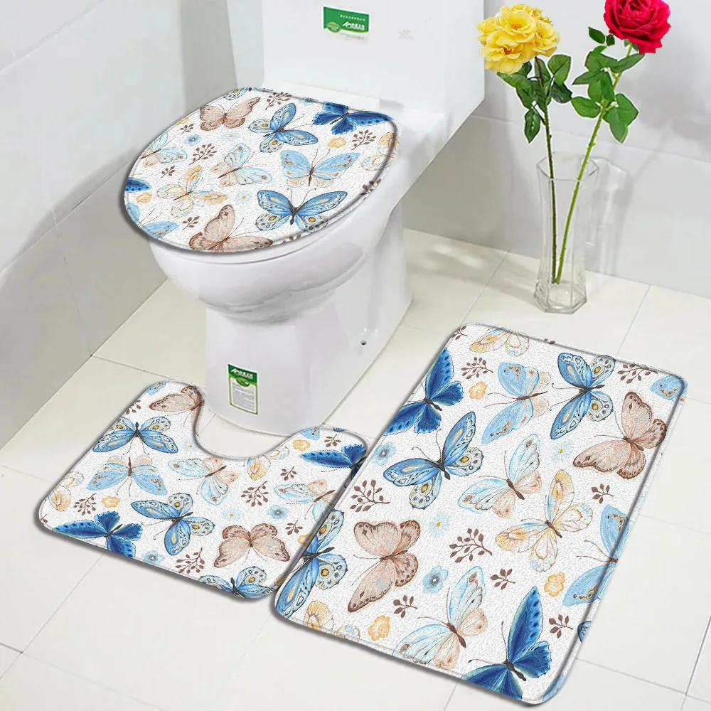Discover Blue Butterfly Bath Mat Set Watercolour Flowers Plant
