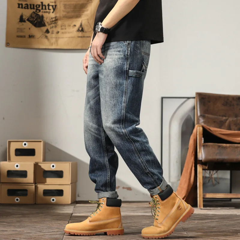 Pantalon Cargo en Denim pour homme, Style Safari, multi-poches, délavé, rétro, papa, haute qualité, décontracté, en coton, automne et hiver_voghion.com