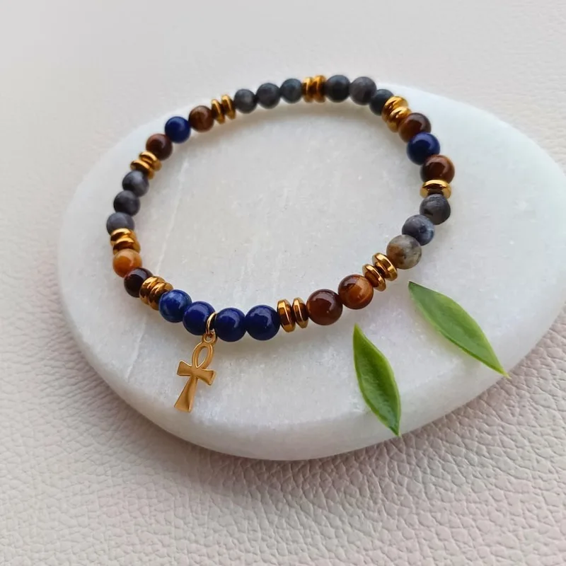 Egyptian cross pendant, lapis lazuli and tiger's eye gemstone beaded bracelet - Image 5