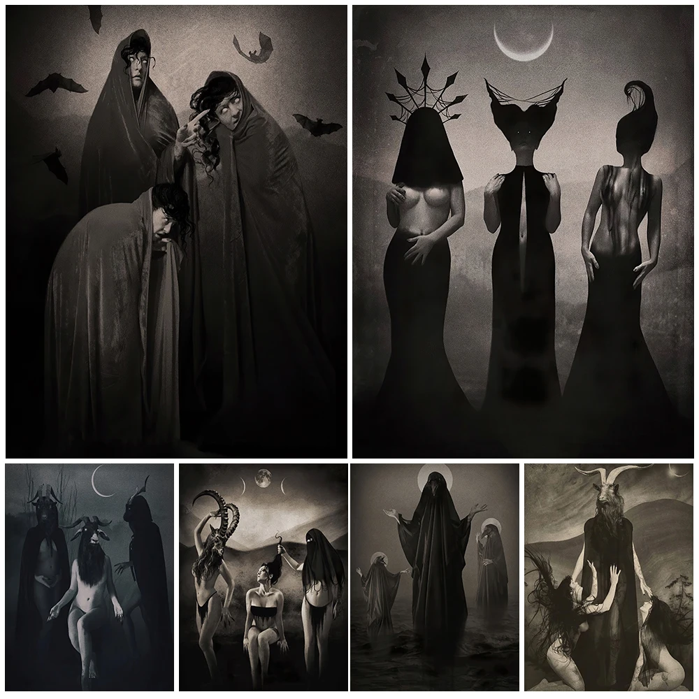 

The Three Witches Who Worship The Devil Vintage Wall Art Canvas Painting Mysterious Pagan Witchcraft Worship Poster Print Decor